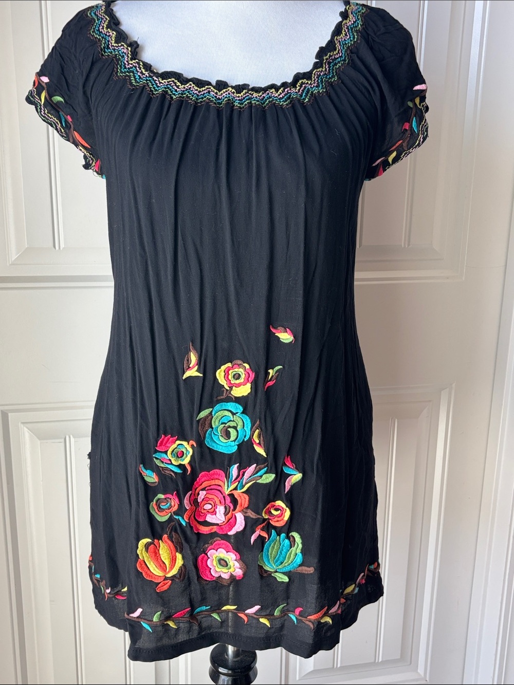 Urban Mango Black Smocked-Neck Dress with Embroidered Multi-Color Accent